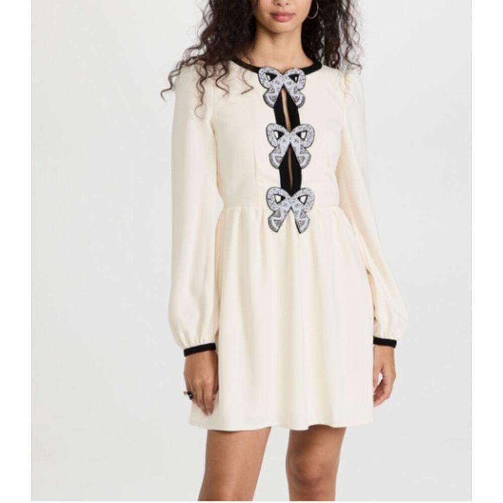 Saloni Camille Embellished Crepe Long Sleeve Mini Dress Cream Black Beads Size 8
